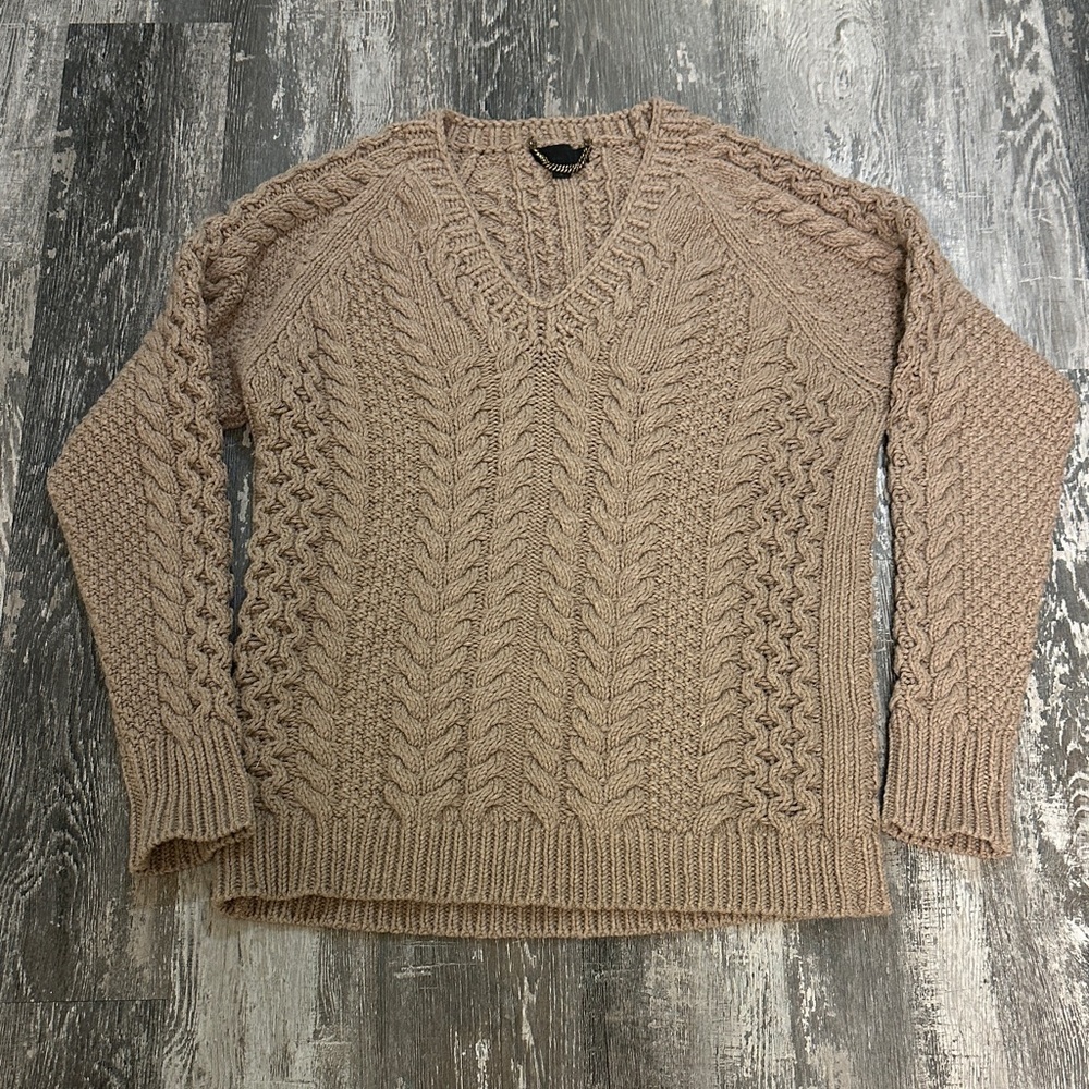 Burberry Beige Cable Knit V-Neck Sweater